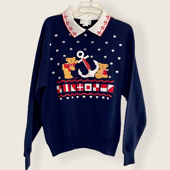 Vintage 90's Collared Sweatshirt Teddy Bear Anchor Sz M - Picture 9 of 9